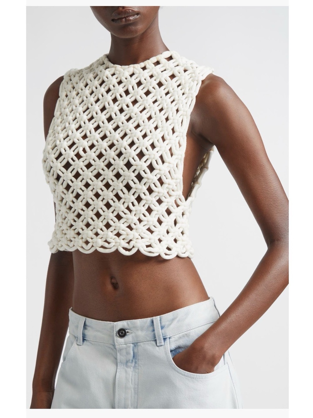 Alaïa Macramé Crop Top BLANC NATUREL, Size 10 US / 42 FR NWT
